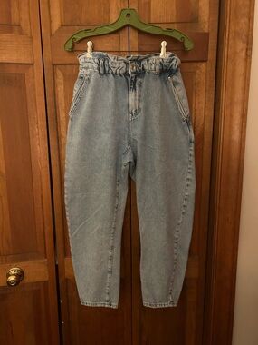 Zara Women’s Sz 6 Blue Cotton Wesern Barrel Leg Jeans W/ Paper Bag Waist